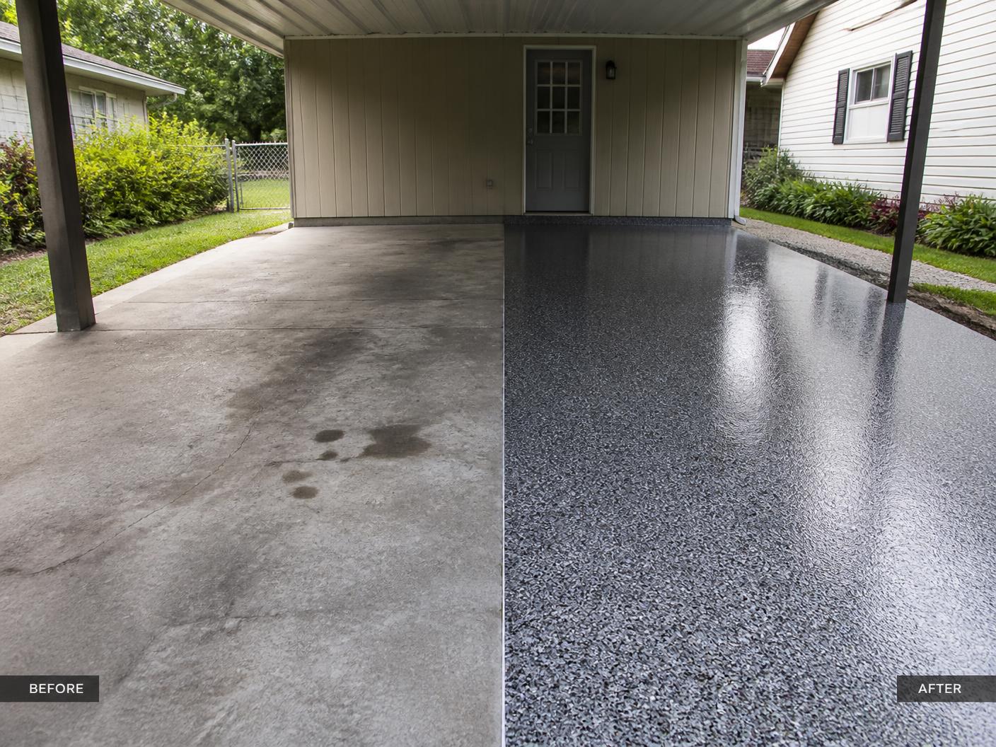 Before and after of a carport concrete slab, bare and stained on the left, coated with glossy charcoal flake on the right